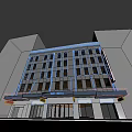 Modern Urban Hotel Building With Orange Exterior Large Windows And Street Storefronts