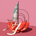 Commercial Equipment With Red Lifebuoy Base Green White Striped Sail Black Curved Structure And Streamers