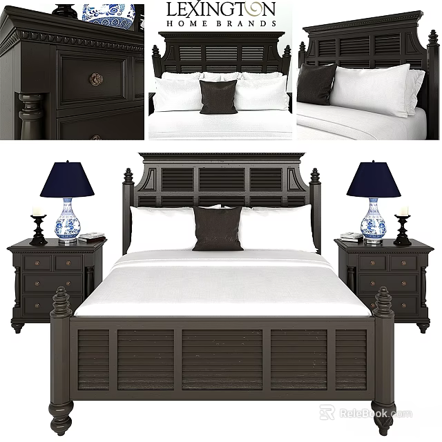 Dark Wooden Double Bed with White Sheets Dark Pillow and Blue Lamps on Nightstands 3d model 
