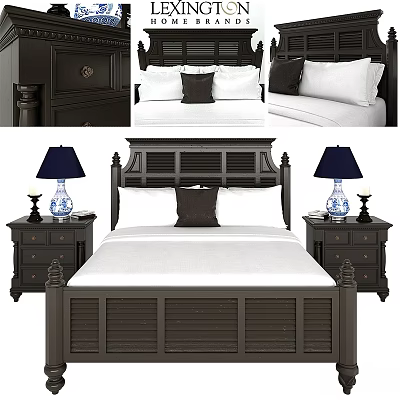 Dark Wooden Double Bed with White Sheets Dark Pillow and Blue Lamps on Nightstands 3d model