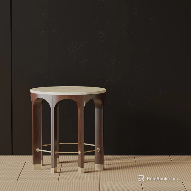 Round Marble Top Side Table With Dark Wooden Arched Legs And Gold Accents 3d model 