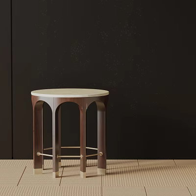 Round Marble Top Side Table With Dark Wooden Arched Legs And Gold Accents 3d model