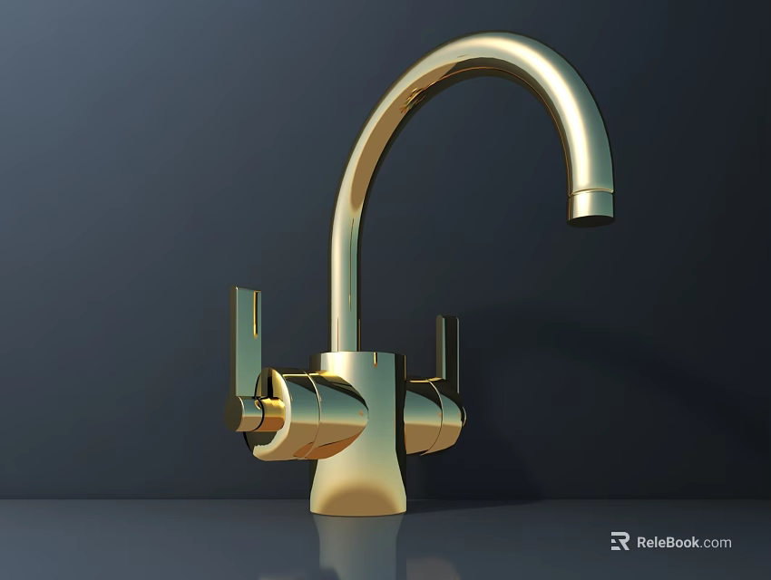 Shiny Golden Faucet with Modern Curved Spout and Double Handles Design 3d model 
