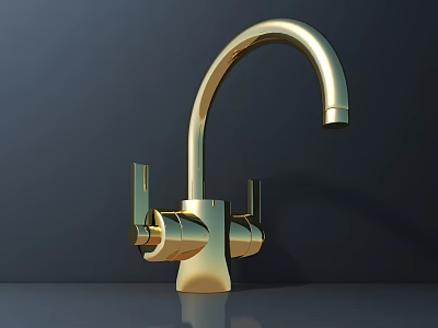 Shiny Golden Faucet with Modern Curved Spout and Double Handles Design 3d model