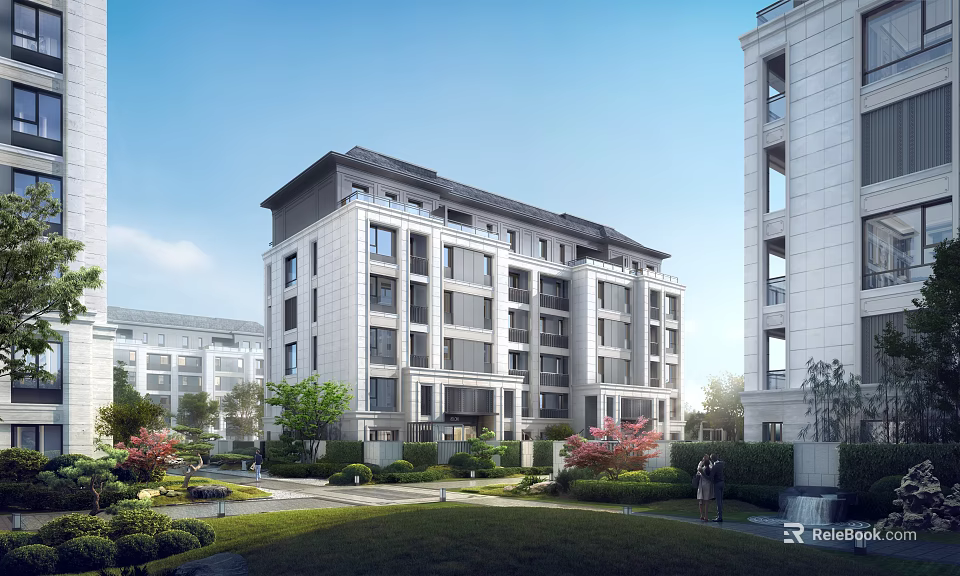 Modern Multi Storey Residential Building Exterior With Landscaped Gardens And Lawns 3d model 