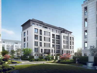 Modern Multi Storey Residential Building Exterior With Landscaped Gardens And Lawns 3d model