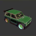 Green Small Sporty Car Featuring Black Accents Green Wheels And Roof Spoiler