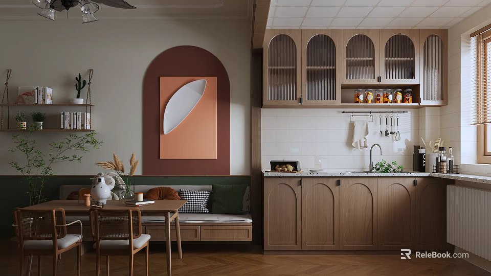 Cozy Warm Restaurant Interior With Wooden Cabinets Bench Seating And Arched Decorative Painting 3d model 