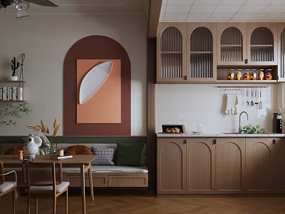 Cozy Warm Restaurant Interior With Wooden Cabinets Bench Seating And Arched Decorative Painting 3d model