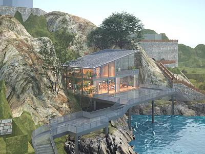 Modern Cliffside Villa Architecture With Glass Walls Rocky Surroundings And Waterfront View 3d model