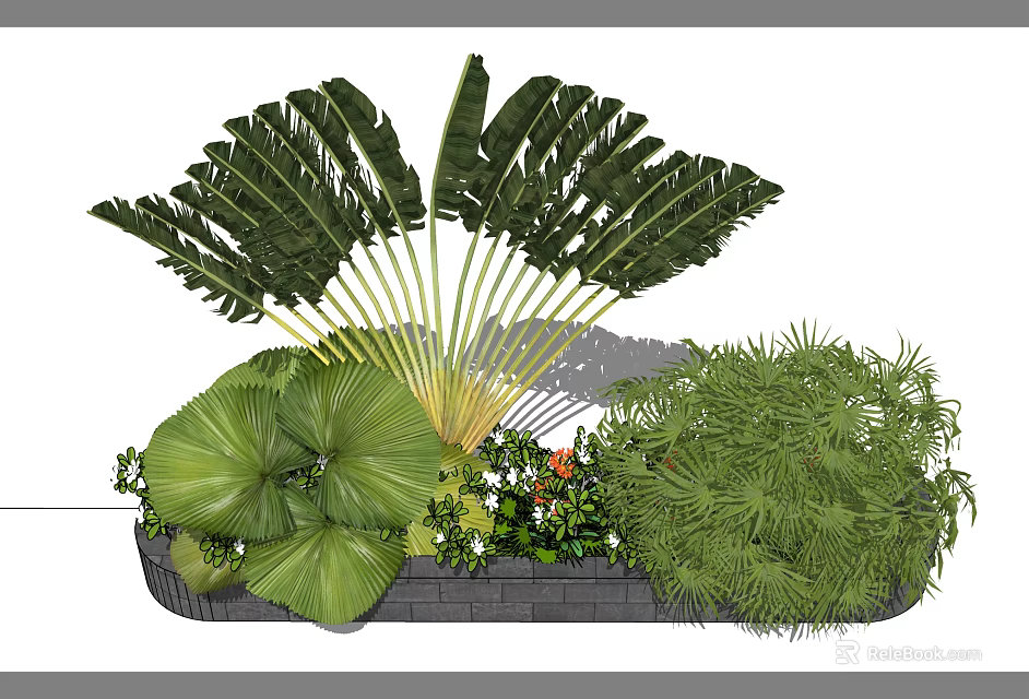 Lush Tropical Green Plants with Large Leaves and Vibrant Foliage in Stone Brick Planter 3d model 