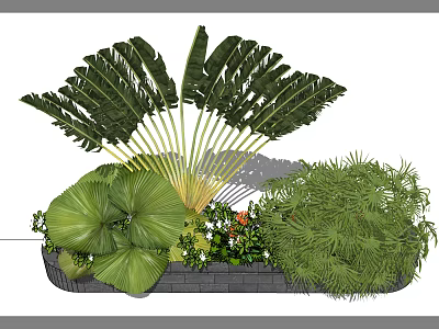 Lush Tropical Green Plants with Large Leaves and Vibrant Foliage in Stone Brick Planter 3d model