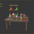 Wooden Table with Shelves Displaying Lab Equipment Colorful Liquids Beakers and Test Tubes