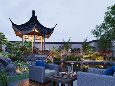 Ancient Chinese Architecture Traditional Pavilion With Curved Roof Garden Pond Greenery And Modern Seating 3d model
