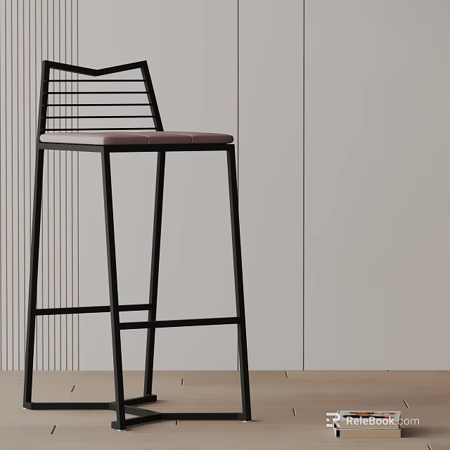 Modern Bar Stool With Black Metal Frame Striped Backrest And Light Brown Seat 3d model 