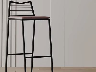 Modern Bar Stool With Black Metal Frame Striped Backrest And Light Brown Seat 3d model