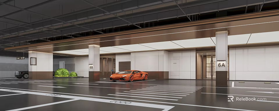 Modern Parking Garage Interior With Orange Lamborghini Sports Car White Walls And Metal Decor 3d model 