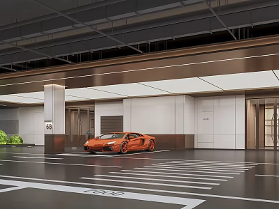 Modern Parking Garage Interior With Orange Lamborghini Sports Car White Walls And Metal Decor 3d model