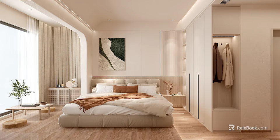 Modern Bedroom Interior With Cozy Bed Artwork Wooden Floor And Minimalist Wardrobe 3d model 