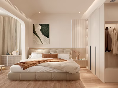 Modern Bedroom Interior With Cozy Bed Artwork Wooden Floor And Minimalist Wardrobe 3d model