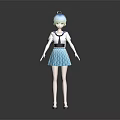 3D Anime Character With Light Blue Hair In Sailor Uniform And Polka Dot Skirt