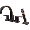 Modern Black Faucet With Curved Spout Dual Handles And Handheld Sprayer