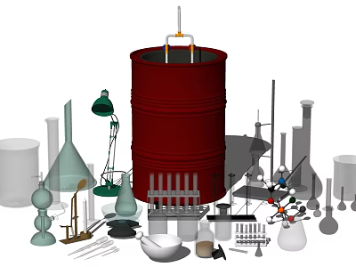 Industrial Equipment Featuring Red Storage Tank Glass Apparatus Test Tube Rack Beakers And Funnels 3d model