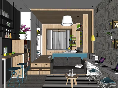 Hotel Guest Room Modern Interior With Sofa Striped Rug Bookshelves And Pendant Light 3d model