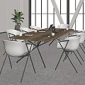 Wooden Conference Table With White Chairs Black Legs Near Large Windows And Green Plant