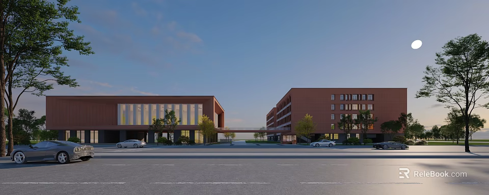 Modern Red Brick School Building With Glass Curtain Wall Teaching Wing Connecting Corridor And Trees 3d model 