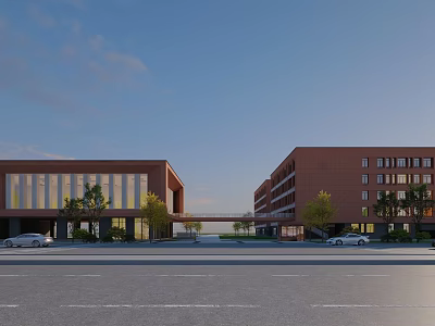Modern Red Brick School Building With Glass Curtain Wall Teaching Wing Connecting Corridor And Trees 3d model