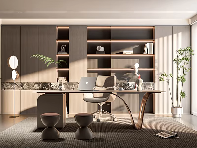 Modern Study Room Interior With Wooden Bookshelf Marble Desk Comfortable Chair And Green Plant 3d model