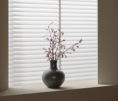 Gray Vase with Red Blooms on Windowsill against White Blinds 3d model