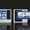 Modern Display Island With White Frame Blue Panels Digital Screens And Product Showcases