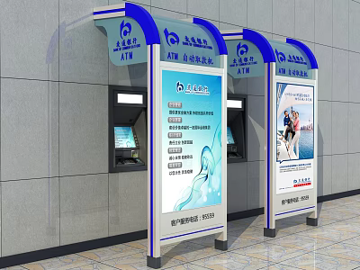 Public Facilities Automated Teller Machines With Blue Canopies Signs And Advertising Billboards On Gray Walls 3d model
