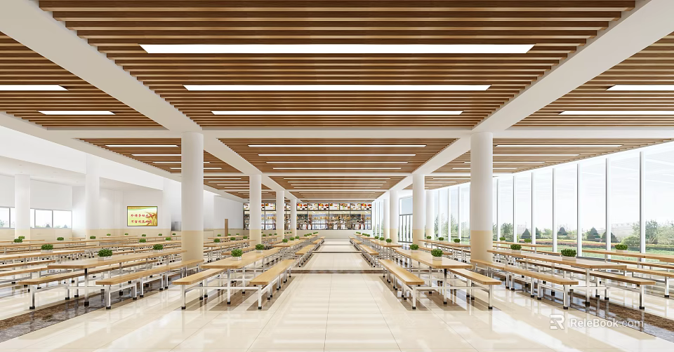 Spacious Cafeteria Interior With Wooden Ceiling White Columns Large Windows And Long Tables 3d model