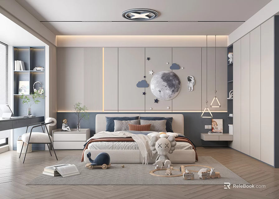 Kids Bedroom With Moon Cloud Star Wall Decor Stuffed Toys Bed And Bookshelf 3d model 