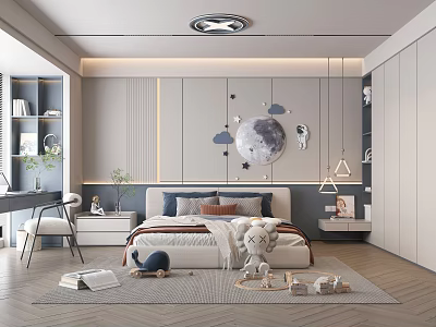 Kids Bedroom With Moon Cloud Star Wall Decor Stuffed Toys Bed And Bookshelf 3d model