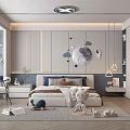 Kids Bedroom With Moon Cloud Star Wall Decor Stuffed Toys Bed And Bookshelf