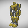 Detailed Yellow Mechanical Robot With Metal Body And Blue Eyes