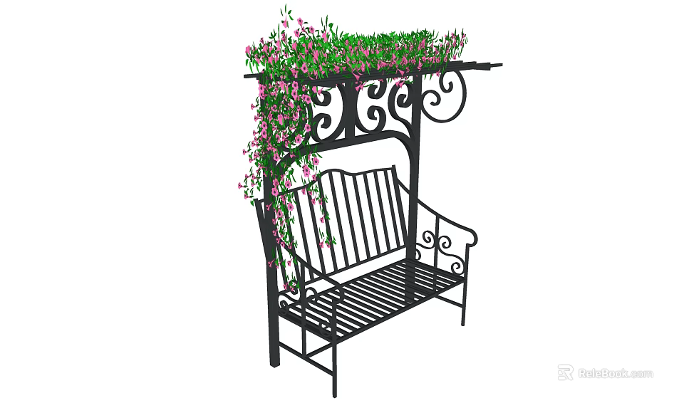 Outdoor Iron Bench with Decorative Overhead Frame Adorned with Vines and Pink Flowers 3d model 