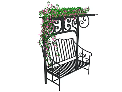 Outdoor Iron Bench with Decorative Overhead Frame Adorned with Vines and Pink Flowers 3d model