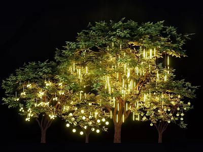 Trees Decorated With Yellow Lights And Round Balls Against Black Night Background 3d model