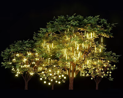 Trees Decorated With Yellow Lights And Round Balls Against Black Night Background 3d model