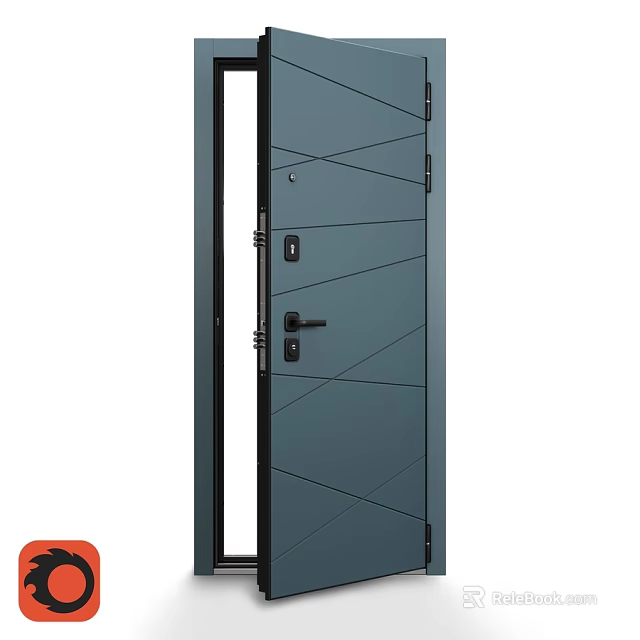 Modern Dark Gray Swing Door With Geometric Lines And Metal Handle Design 3d model 
