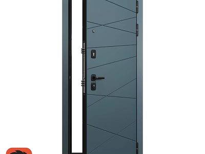 Modern Dark Gray Swing Door With Geometric Lines And Metal Handle Design 3d model