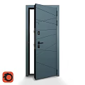 Modern Dark Gray Swing Door With Geometric Lines And Metal Handle Design