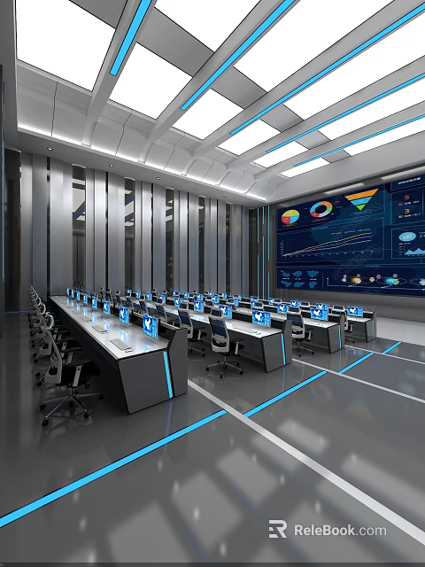 Hi Tech Monitoring Room With Multiple Computers And Large Digital Data Display Screen 3d model 