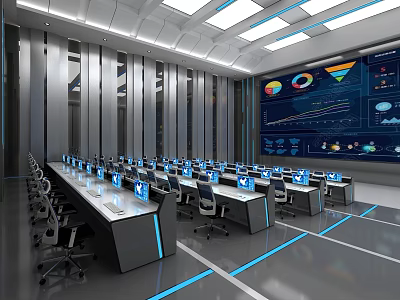 Hi Tech Monitoring Room With Multiple Computers And Large Digital Data Display Screen 3d model