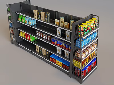 Multi Tiered Metal Retail Display Shelving With Various Packaged Snacks And Canned Foods 3d model